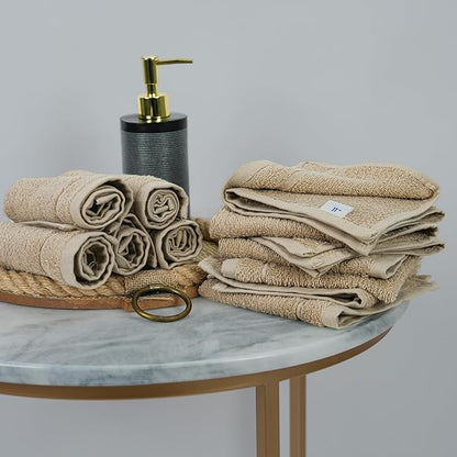 Tens Towels Pack of 60 Washcloths, 12 x 12 Inches, Lighter Weight, Quick to Dry, Super Soft & Absorbent, Gentle Face Towels, Hotel Quality, Perfect for Bathroom, Gym, Spa (Beige, 60 Pack)