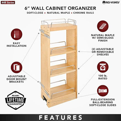 Rev-A-Shelf 6" Pull Out Shelf Organizer for Kitchen and Bathroom Cabinets, Wooden Slide Out Spice or Medicine Rack w/Soft-Close, 448-BBSCWC-6C