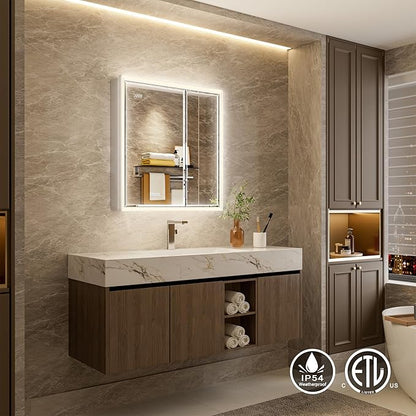 36x30 Beveled Lighted Medicine Cabinet with Mirror & Lights, Surface or Recessed Mirrored Medicine Cabinet with Outlet & Clock, Anti-Fog Dimmable LED Storage Cabinet, Built-in Sensor Light