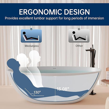 65'' Freestanding Bathtub Resin Stone Soaking Freestanding Tubs Matte Solid Surface Flatbottom Tub with Overflow and Pop-up Drain - White…