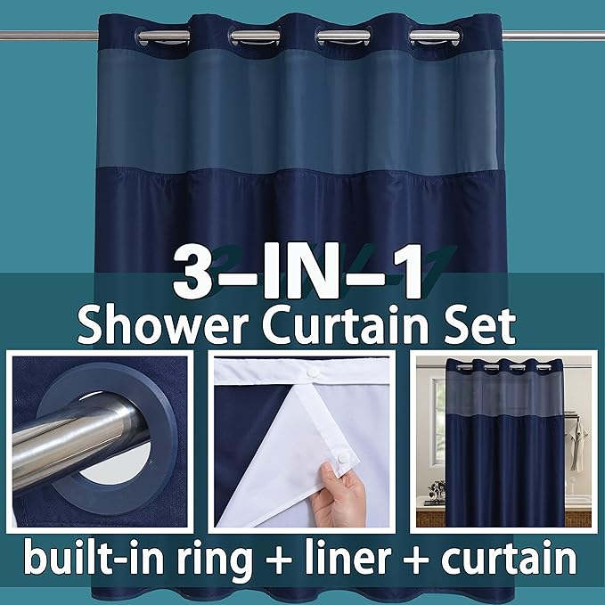 Conbo Mio No Hook Shower Curtain with Snap in Liner Set, Hotel Luxury Dark Blue Fabric Shower Curtains for Bathroom with See Through Top Window, Washable, Waterproof 71W x 74H