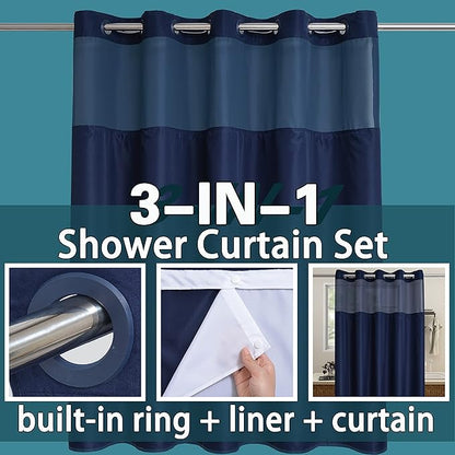 Conbo Mio No Hook Shower Curtain with Snap in Liner Set, Hotel Luxury Dark Blue Fabric Shower Curtains for Bathroom with See Through Top Window, Washable, Waterproof 71W x 74H