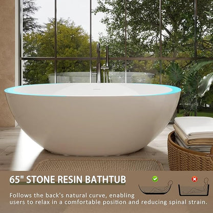 Abruzzo 65" Glossy White Freestanding Solid Surface Bathtub, Luxury Handcrafted Stone Resin Freestanding Soaking Bathtub with Overflow and Pop-up Drain