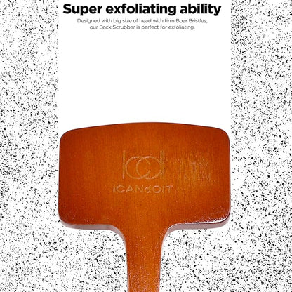 ICANdOIT Exfoliation Set-17.71 Inch Boar Bristles Back Scrubber Bath Brush,Shower Brush with No-Slip Curved Handle,Dual-Sided Face Exfoliation Glove