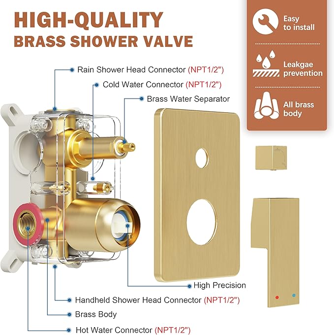 Gold Shower System, Shower Faucet Set with 10-Inch Rain Showerhead and Handheld Spray, Wall Mounted High-Pressure Showerhead Combo Set Included Valve and Trim, Brushed Gold