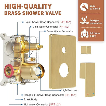 Gold Shower System, Shower Faucet Set with 10-Inch Rain Showerhead and Handheld Spray, Wall Mounted High-Pressure Showerhead Combo Set Included Valve and Trim, Brushed Gold