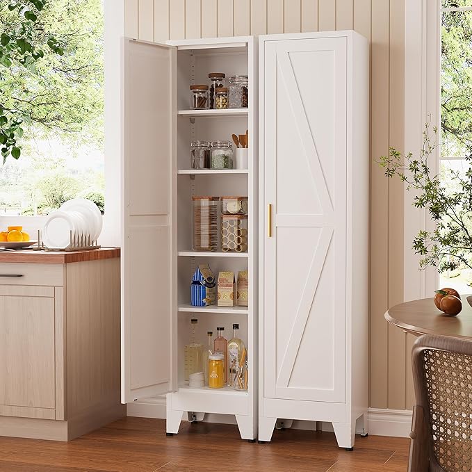 Narrow Bthroom Storage Cabinet Tall Metal Storage Cbinets with 4 Adjustable Shelves Freestanding 5 Tier Slim Pantry Cabinet for Kitchen Office Small Space