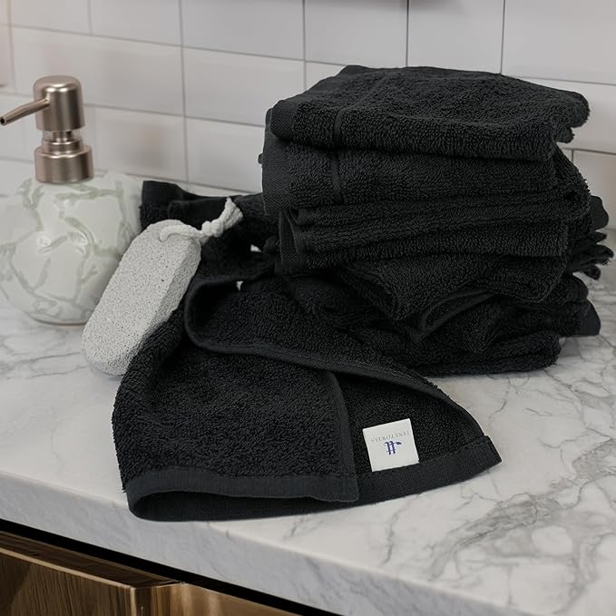 Tens Towels Pack of 60 Washcloths, 12 x 12 Inches, Lighter Weight, Quick to Dry, Super Soft & Absorbent, Gentle Face Towels, Hotel Quality, Perfect for Bathroom, Gym, Spa (Black, 60 Pack)