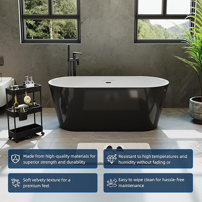 59'' Acrylic Freestanding Bathtub, Deep Soaking Tub with Non-Slip Base, cUPC Certified, Modern Black Bath Tub with Chrome Drain, Free Standing Tub for Bathrooms