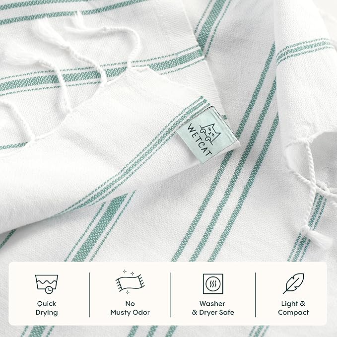 WETCAT Turkish Hand Towels with Hanging Loop, Set of 2 (20" x 30") 100% Turkish Cotton, Pre-Washed, Quick Drying, for Kitchen or Bathroom - Teal & White