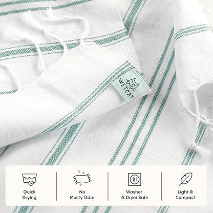 WETCAT Turkish Hand Towels with Hanging Loop, Set of 2 (20" x 30") 100% Turkish Cotton, Pre-Washed, Quick Drying, for Kitchen or Bathroom - Teal & White