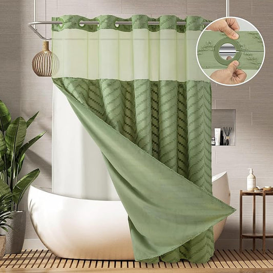 Long No Hook Tufted Chevron Striped Shower Curtain with Snap-in PEVA Liner Set - 72" x 86", Hotel Style with See Through Top Window, Sage Green Water Repellent Fabric Shower Curtain