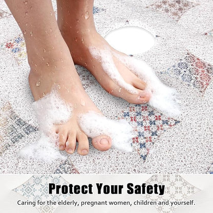 Square Shower Mat Non Slip: 27x27 Inch Extra Large Shower Floor Mat with Drain Hole in Middle - Soft PVC Loofah Bath Mat for Shower - Anti Slip Shower Stall Mat for Elderly and Kids
