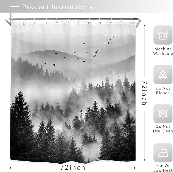 Riyidecor Black and White Shower Curtain 72Wx72H Inch Mountain Scenery Nature Pine Tree Cool for Mens Scene View Landscape Bathroom Decor Fabric Polyester Waterproof 12 Pack Hooks
