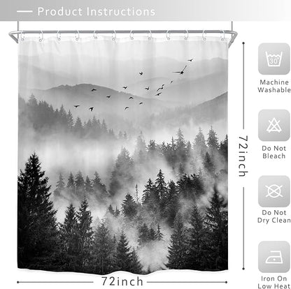 Riyidecor Black and White Shower Curtain 72Wx72H Inch Mountain Scenery Nature Pine Tree Cool for Mens Scene View Landscape Bathroom Decor Fabric Polyester Waterproof 12 Pack Hooks