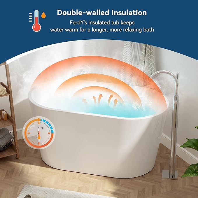 FerdY Shangri-La 47" Acrylic Freestanding Bathtub, Small Classic Oval Shape Acrylic Soaking Bathtub with Chrome Drain & Minimalist Linear Design Overflow, Modern White, cUPC Certified