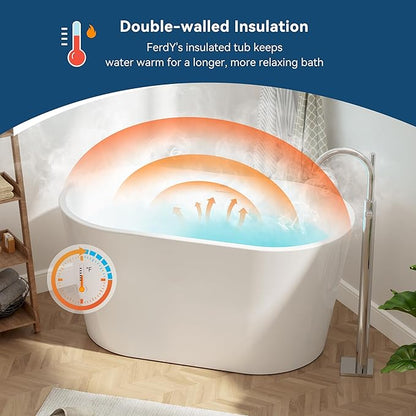 FerdY Shangri-La 47" Acrylic Freestanding Bathtub, Small Classic Oval Shape Acrylic Soaking Bathtub with Chrome Drain & Minimalist Linear Design Overflow, Modern White, cUPC Certified