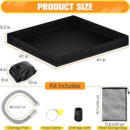 Upgraded Portable Shower Pan 41"x41"x5" - Heavy-Duty Non-Slip Base with Drain Hole & Mesh Storage Bag | Collapsible Camp Shower Tray for RV, Beach, Glamping | Leakproof Outdoor Bath Floor