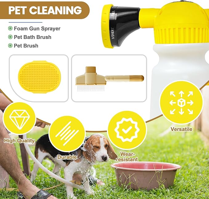 Giant Pet Washing Hose Attachment, 6-in-1 Soap Sprayer Moden Garden Hose Nozzle with 1000cc Soap Dispenser, Dog Bath Brush & Pet Comb, for Watering, Car Wash, Dog and Horse Showering (Yellow)