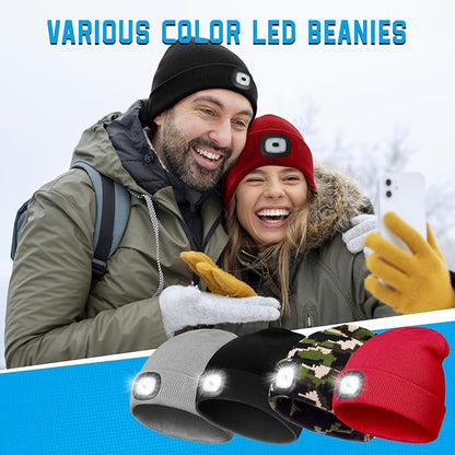 Christmas Stocking Stuffers for Men Adults, Beanie Hats with Light, USB Rechargeable LED Hand Free Headlamp, Birthday Gifts for Men, Women, and Teens, Ideal for Camping, Hiking, 2 Pack, Black