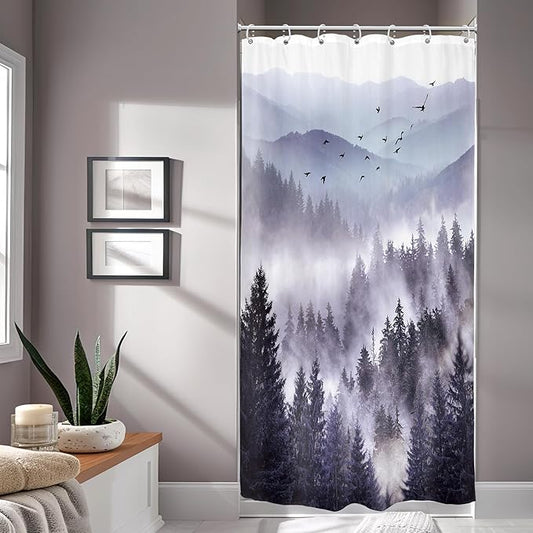 Riyidecor Stall Half Small Rv Shower Curtain 36Wx72H Inch Purple Mountain Camp Narrow Scenery Nature Woodland Pine Tree Bathroom Decor Fabric Polyester Waterproof 7 Pack Hooks