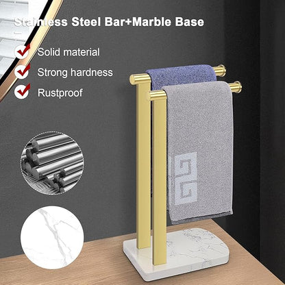NearMoon Hand Towel Holder with Balanced Marble Base, SUS304 Stainless Steel Stand Towel Ring L Shape Hand Towel Rack Free-Standing Towel Bar for Bathroom Kitchen Countertop (Double Rod, Brushed Gold)
