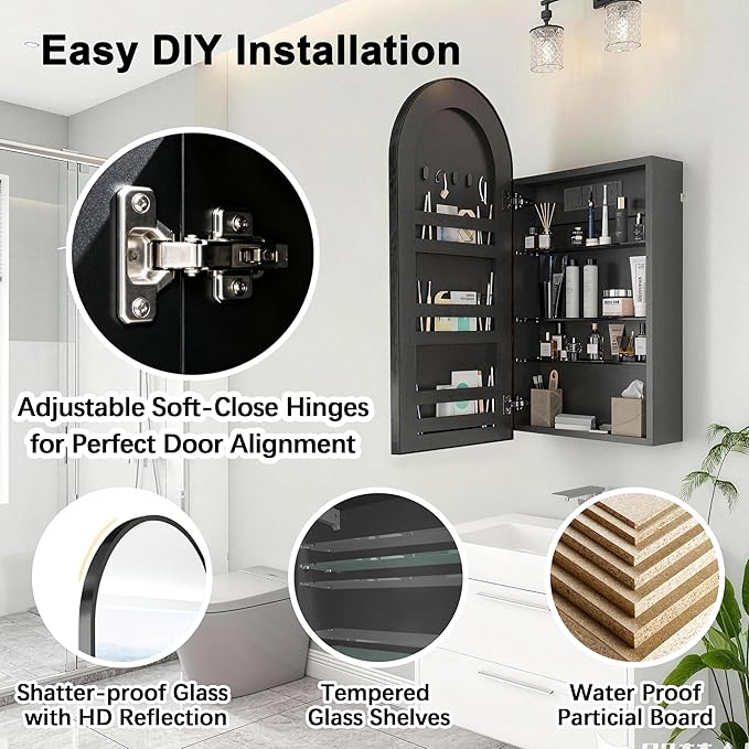 FKWin Medicine Cabinet Mirror with Power Outlet, Black Bathroom Mirror Medicine Cabinet for Left or Right Opening, not Recessed, Ample Vanity Mirror with Storage for Homeowner, Black, 20x34 inch
