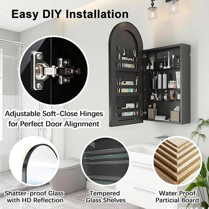 FKWin Medicine Cabinet Mirror with Power Outlet, Black Bathroom Mirror Medicine Cabinet for Left or Right Opening, not Recessed, Ample Vanity Mirror with Storage for Homeowner, Black, 20x34 inch