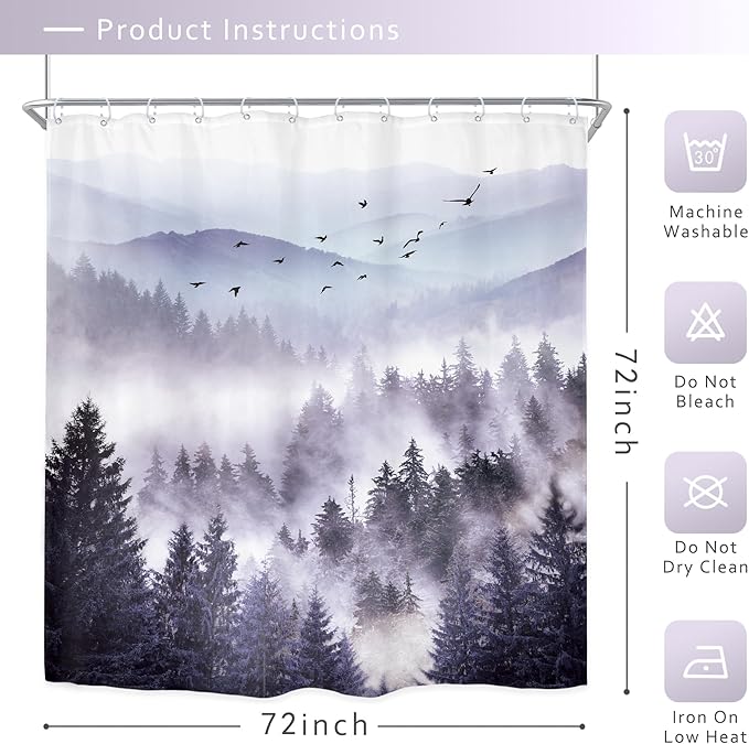 Riyidecor Purple Mountain Shower Curtain 72Wx72H Inch Nature Scenery Landscape Rustic Pine Tree Misty Foggy Mountain View for Mens Natural Bathroom Decor Fabric Polyester Waterproof 12 Pack Hooks