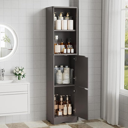 67" Tall Bathroom Organizer and Storage, Narrow Storage Cabinet with 2 Doors and 4 Shelves, Freestanding Floor Storage Unit,15.7" W x 11.8" D x 66.9" H, Grey