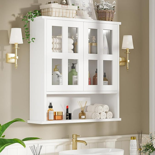 Modern Hanging Bathroom Cabinet, Sturdy Wooden Medicine Cabinet with Buffering Hinge & Anti-Scratch Door, Space-Saving Wall Mounted Over Toilet (Cross-Panel Door)