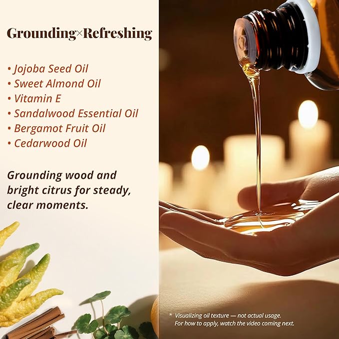 Sandalwood & Bergamot Aromatherapy Body & Massage Oil – Lightweight, Fast-Absorbing Hydration with a Woody-Citrus Essential Oil Aroma for a Refreshing Self-Care Experience, 1 fl oz / 30 ml