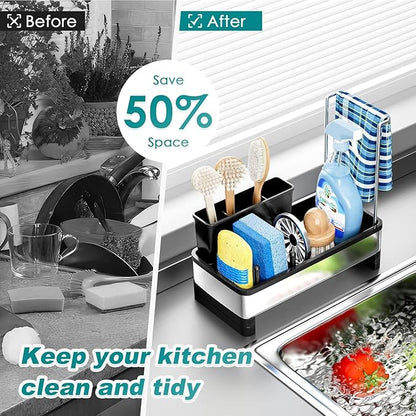 Stainless Steel Sink Caddy Organizer with Auto-Drain & Removable Brush Holders Rustproof Sponge Holder for Kitchen Sink, Countertop Storage for Soap Dispenser,Dishcloth & Kitchen Accessories
