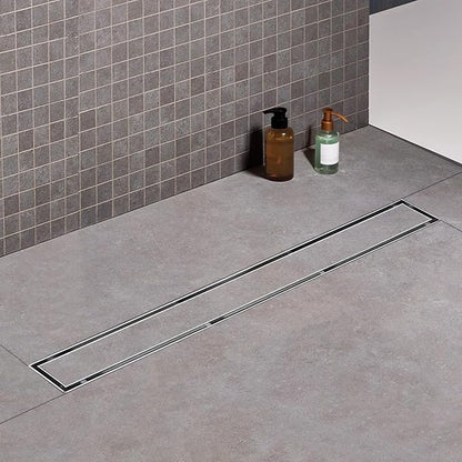 Offset Linear Shower Drain, Shower Drain 60 inch with 2-in-1 Tile Insert Cover, Brushed AISI 304 Stainless Steel Side Outlet Shower Floor Drain with Hair Catcher and Adjustable Feet
