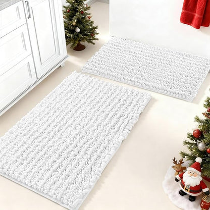 Yimobra Bathroom Rugs Sets 2 Piece - Quick Dry Extra Thick Luxury Chenille Bath Mat, Non Slip Super Absorbent for Tub Shower Sink, Machine Washable Shaggy Floor Mat, 32"x20"+24"x17" Inch, White