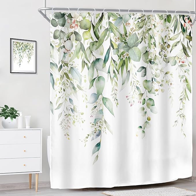 Riyidecor Sage Green Eucalyptus Leaves Shower Curtain for Bathroom Decor 60Wx72H Leaf Plants Botanical Spring Natural Floral Watercolor Art Printed Fabric Polyester Waterproof 12 Pack Plastic
