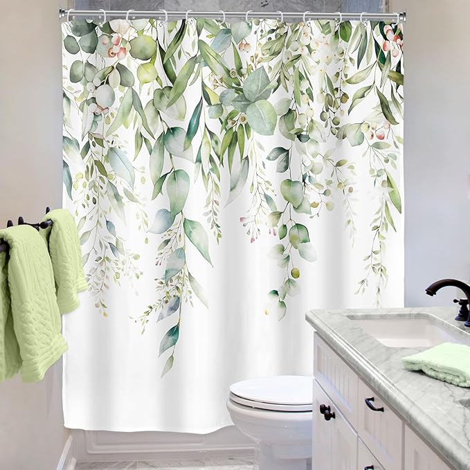 Riyidecor Sage Green Eucalyptus Leaves Shower Curtain for Bathroom Decor 60Wx72H Leaf Plants Botanical Spring Natural Floral Watercolor Art Printed Fabric Polyester Waterproof 12 Pack Plastic
