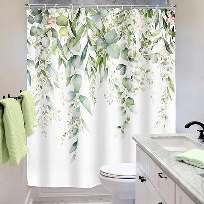 Riyidecor Sage Green Eucalyptus Leaves Shower Curtain for Bathroom Decor 60Wx72H Leaf Plants Botanical Spring Natural Floral Watercolor Art Printed Fabric Polyester Waterproof 12 Pack Plastic
