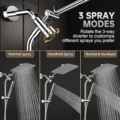 Veken 10'' All Metal Rain Shower Head with Handheld Spray Combo, Hand Held Bathroom Showerhead Combo with Extension Arm, Dual shower with Power Wash, Adjustable Rainfall Shower Head, Chrome
