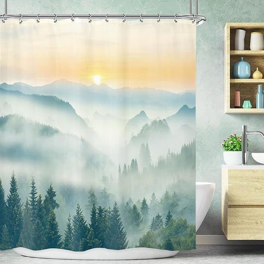 Riyidecor Misty Mountain Shower Curtain 60Wx72H Inch Green Spring Scenery Sunrise Foggy Smokey Tree Nature Pine Scenic Woodland Greenery Bathroom Decor Fabric Polyester Waterproof 12 Pack Hooks