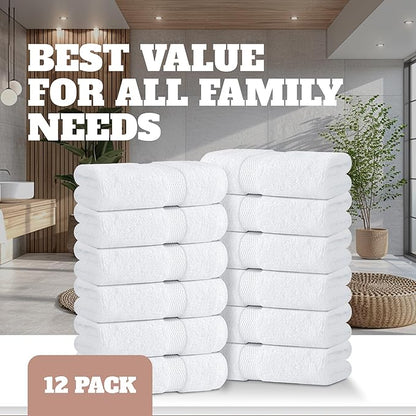 Wealuxe White Washcloths 12 Pack - 600 GSM 100% Ring-Spun Cotton Wash Cloths for Showering, Highly Absorbent and Soft | 12x12 Inches