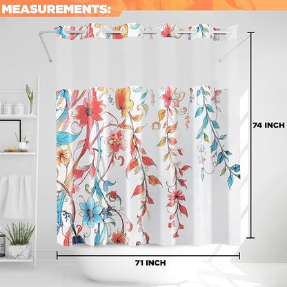 Hookless Shower Curtain with Snap-in Liner Set, Floral, Vibrant Watercolor Fabric, See Through Sheer Window, Washable, 3 Magnet Weights, No Hook, Waterproof, Boho Farmhouse, Standard Size