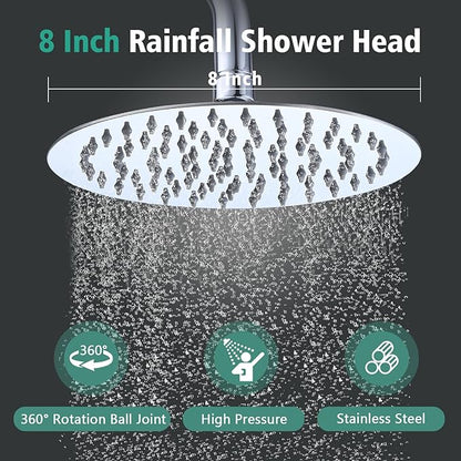 PROOX 3 Handle Tub Shower Faucet Set, 8" Rainfall Shower Head with Tub and Shower Trim Kit with Rough-in Valve, Polished Chrome Bathtub Shower Faucets, Wall Mounted Bathroom Rain Shower System