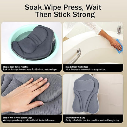 Bath Pillow PYRRHIC - Luxury Bathtub Pillow 5D Mesh with Neck & Back Support Non-Slip Suction Cups Fast Drying Soft Spa Pillow Relaxing Bath Accessories with Hook Laundry Bag Grey