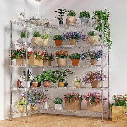 5 Tier Storage Racks Shelving, Heavy Steel Pantry Shelves, Adjustable Wire Shelving Rack, Suitable for Garage, Kitchens, Offices, 58" W x 14" D x 71" H, Chrome