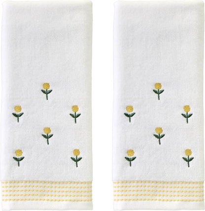 SKL Home Staggered Blossoms Hand Towel 2pc Set for Bath/Kitchen/Bar & Gift, White