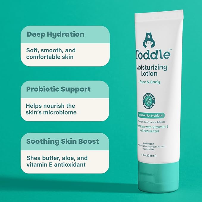 Probiotic Moisturizing Lotion for Face & Body, Eczema & Dry Skin Relief, Fragrance-Free with Vitamin E, Shea Butter for Sensitive Baby & Kids Skin, Pediatrician-Approved, 8oz