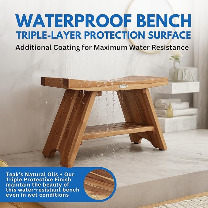 EcoDecors 35 Inch Serenity Teak Shower Bench – Waterproof Bathroom Seat with Large Storage Shelf For Adults & Seniors | Spa-Style Teak Wood Stool with Non-Slip Feet, Elegant Finish, 300 Pound Capacity