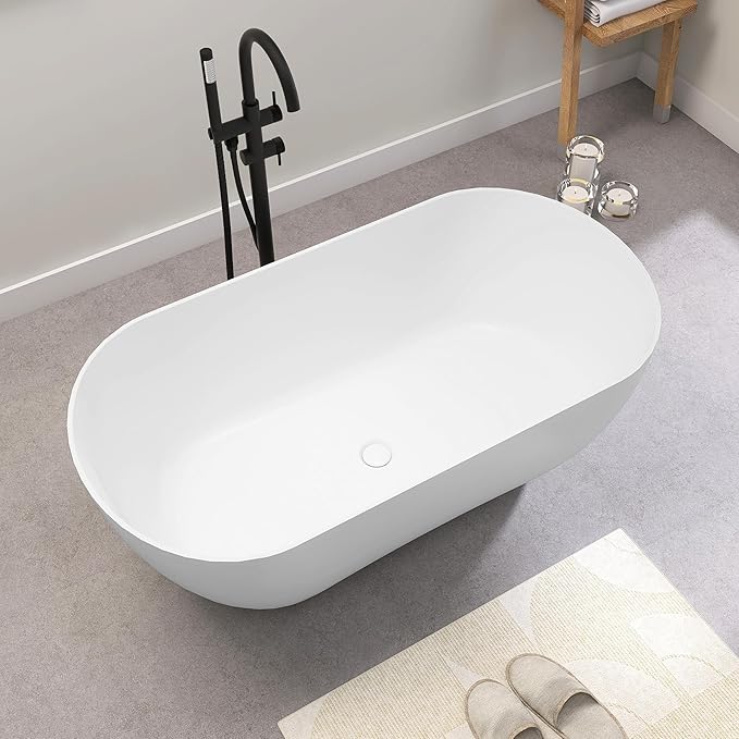 SJ STAR&JANE 51" Solid Surface Freestanding Bathtub, Matte White Oval Soaking Stone Resin Tub with Overflow and Pop-up Drain for Modern Bathrooms