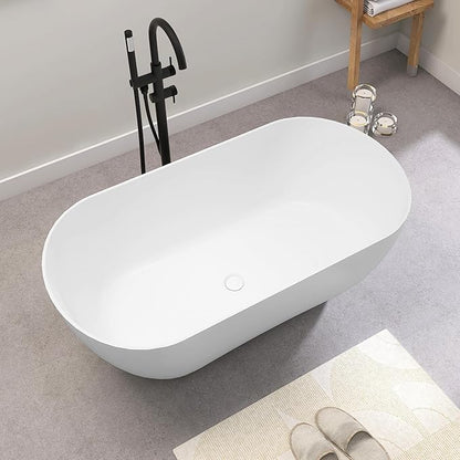 SJ STAR&JANE 51" Solid Surface Freestanding Bathtub, Matte White Oval Soaking Stone Resin Tub with Overflow and Pop-up Drain for Modern Bathrooms